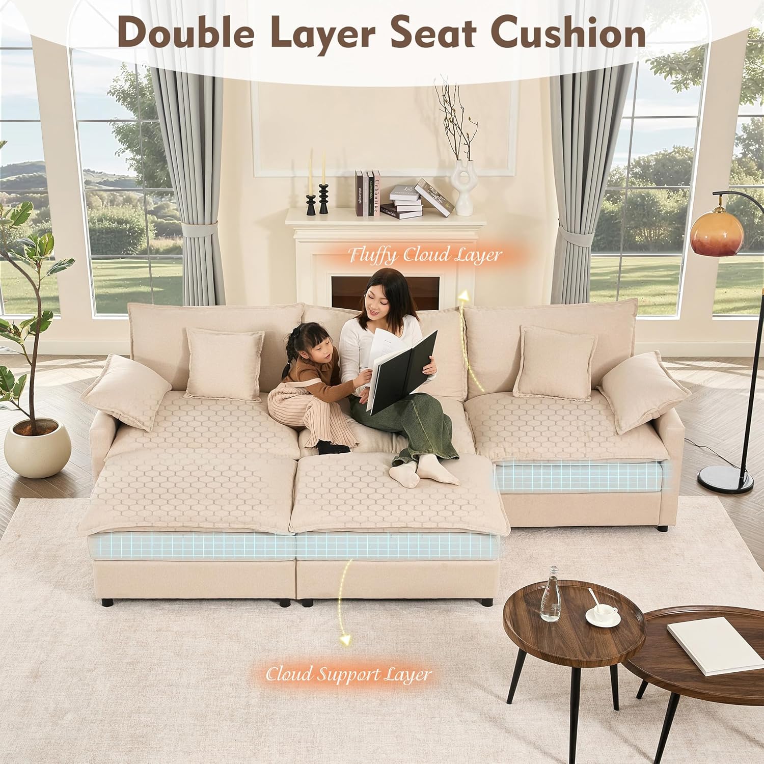 108 Inch U Shape Sofa Sectional Sofa Comfortable Cloud Sofa with Removable Footstool