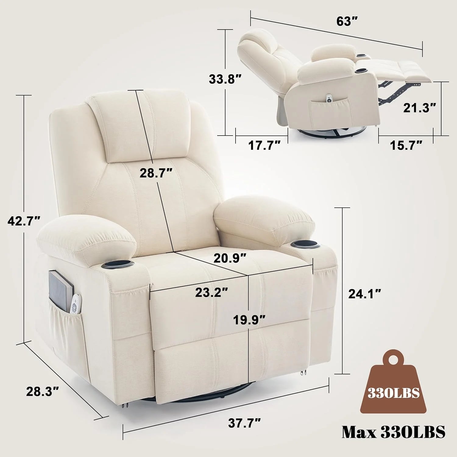 Large Swivel Rocking Recliner with Heating and Massage Function, 360 Degree Swivel Rocking Single Sofa